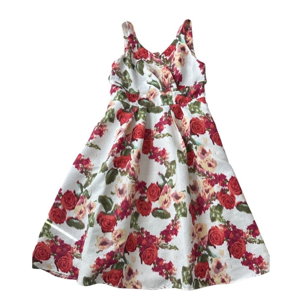 Maison Tara Jacquard Fit & Flare Dress Size 14 Red White Floral Print Tea Garden